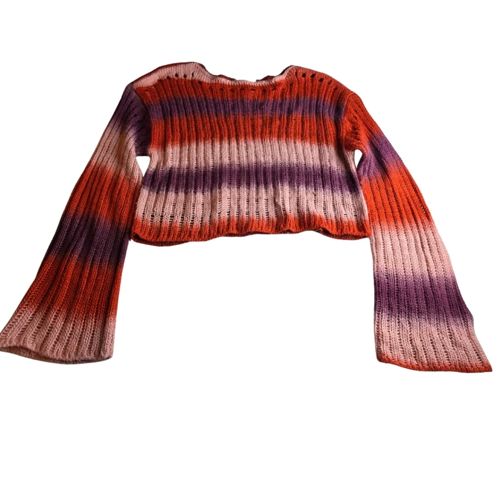 Arizona XL Loopy Knit Crop Sweater Bell Sleeves Fuzzy Stripes Cozy 2976-ac